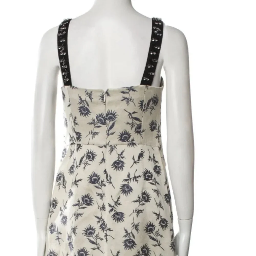 NWOT TORY BURCH Grey Blue Linen-blend Floral A-Line Midi Dress XS $495